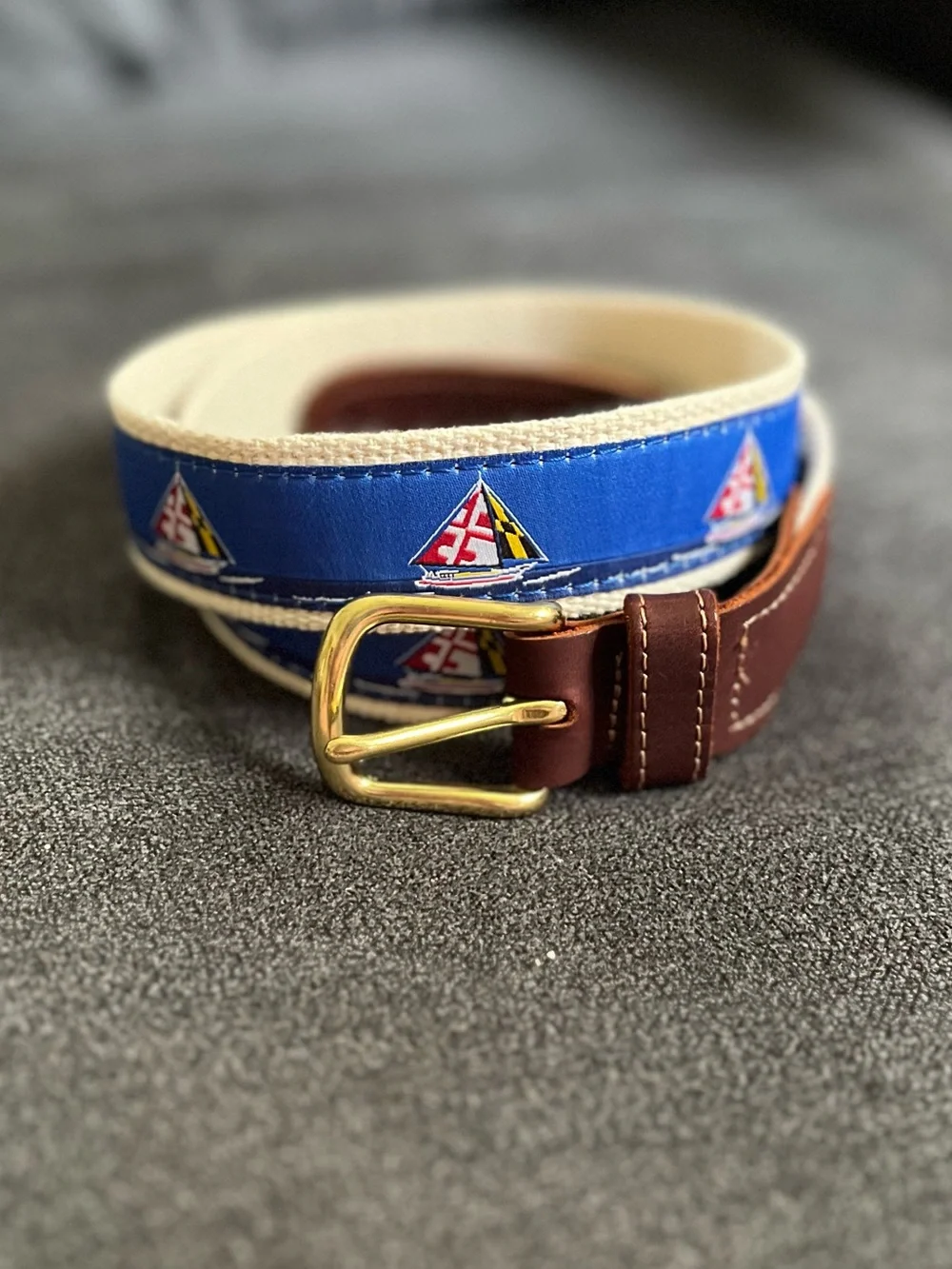 Maryland Flag Sailboat Canvas Belt Brown Leather Trim Charm City Clothing 34
